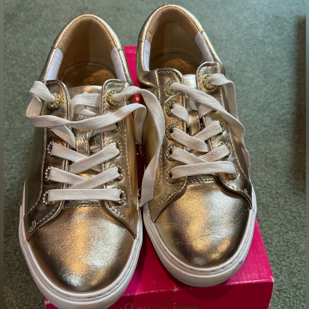 Lilly Pulitzer Lux Hallie Metallic Gold  Leather Sneaker Women's Sz 8
